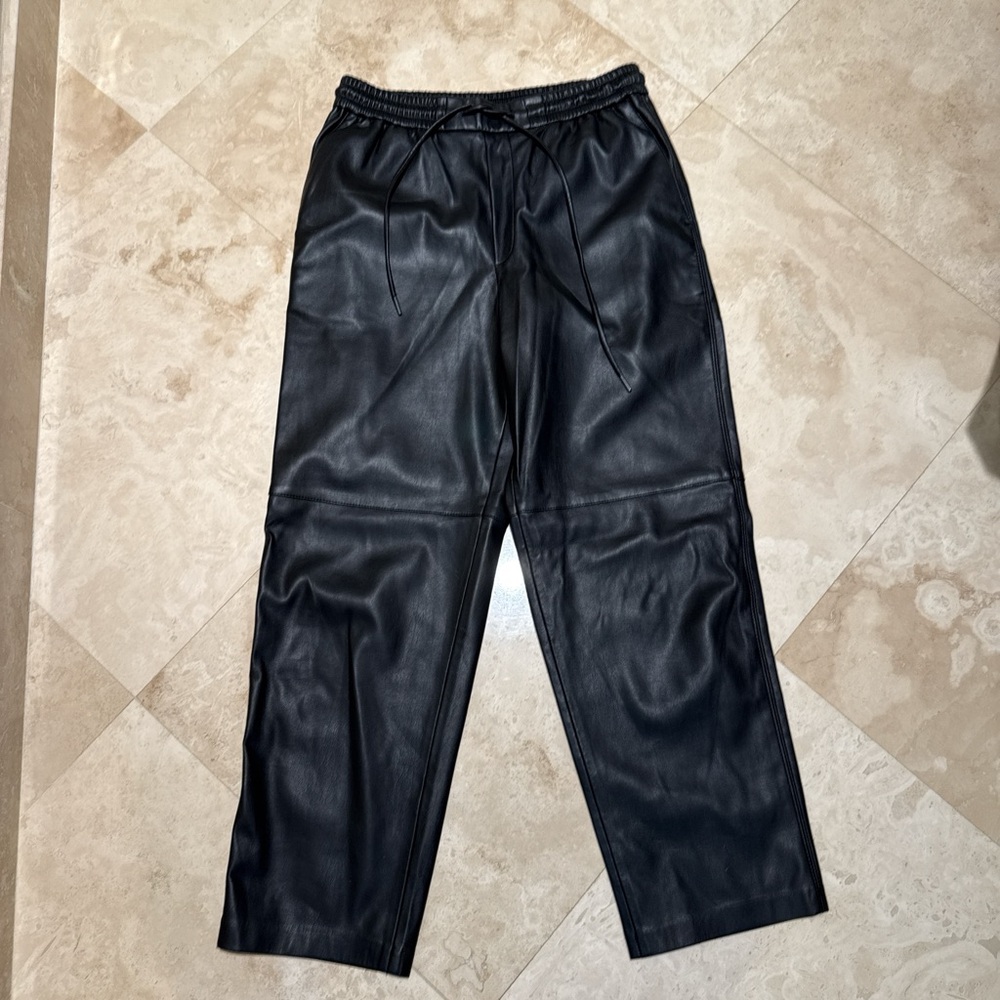 MANGO black faux leather wide leg drawstring pants size medium